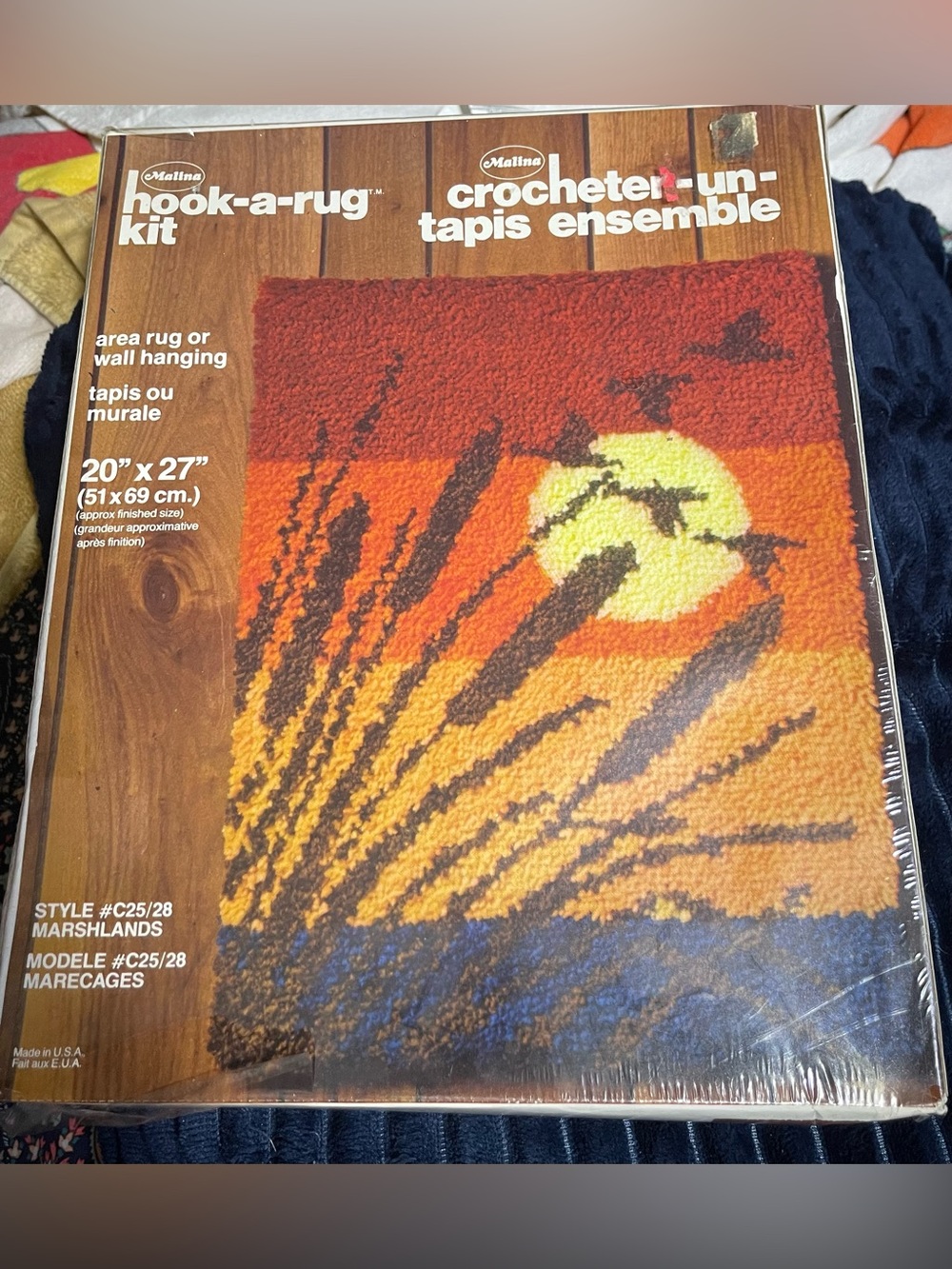 Vintage Malina Hook-A-Rug Kit Marshlands Sunset Reeds Birds Latch Hook 20" x 27"